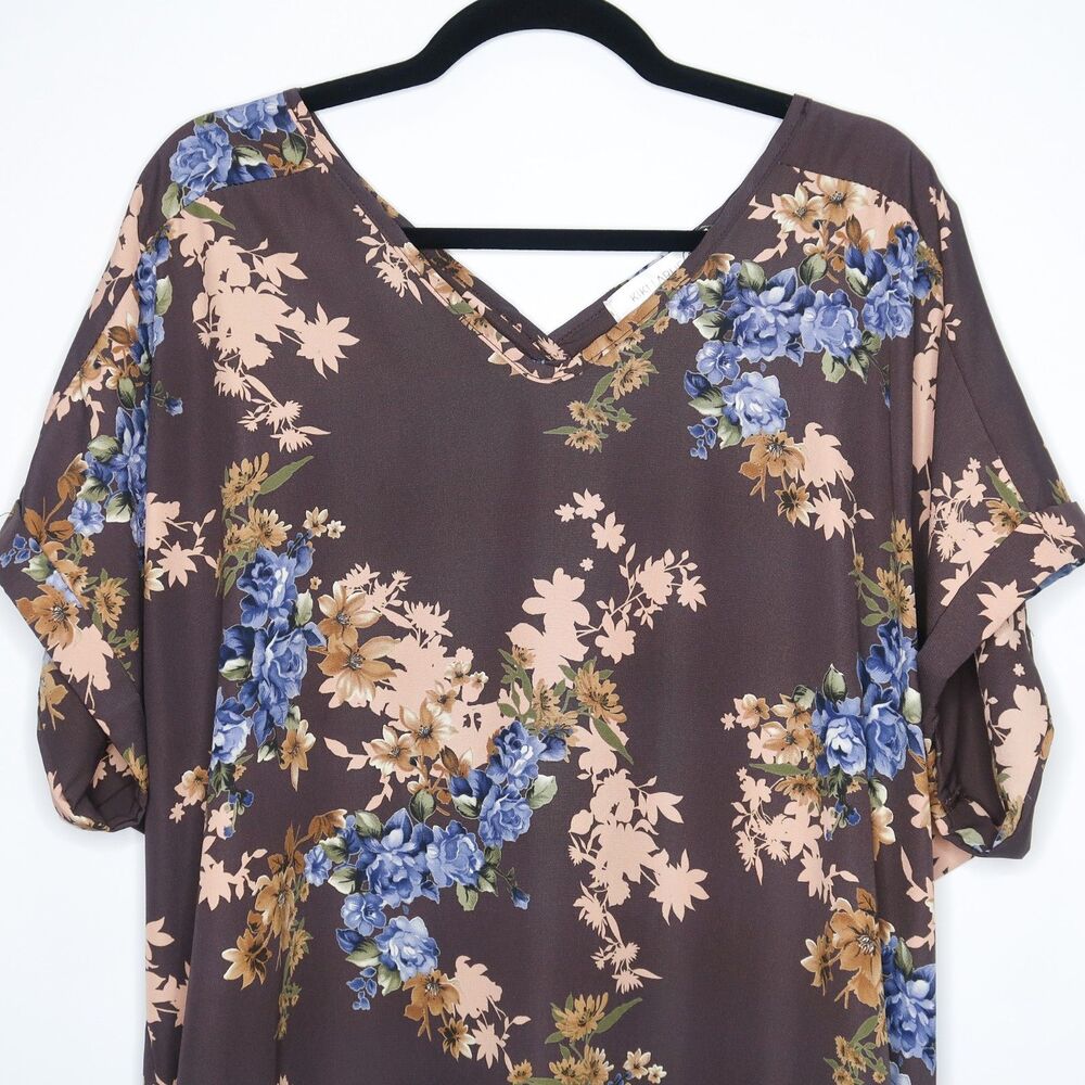 Kiki Larue Womens Blouse Plus Size 3X Brown‎ Pink Blue Floral V-neck Feminine - Picture 4 of 6